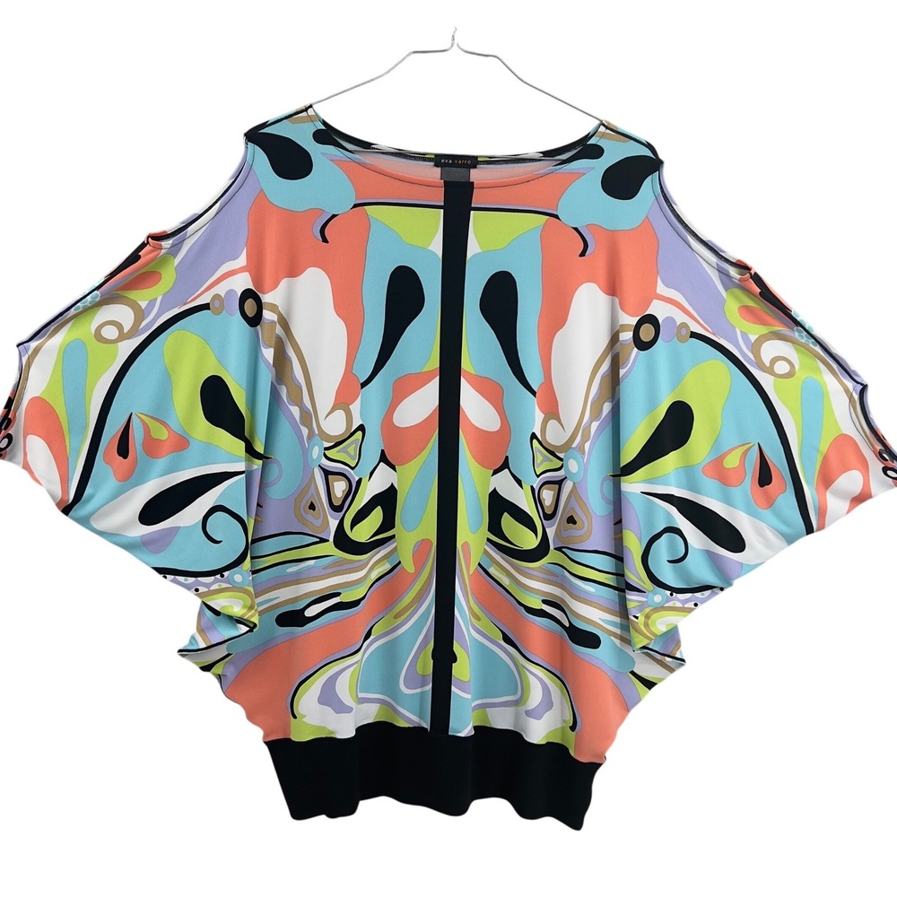 Eva Varro Cold Shoulder Dolman Butterfly Sleeve Top‎ XL Colorful Statement Art